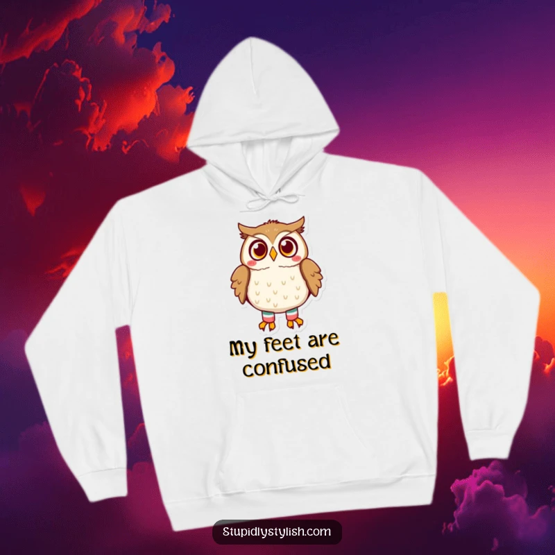 Funny owl hoodie showing a surprised owl caught in the act of realizing its mismatched socks, perfect for cozy, comical moments.