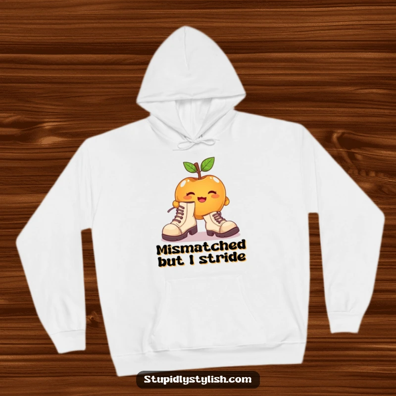 Funny hoodie with a cute apple character attempting to wear enormous, mismatched shoes, offering cozy individuality.