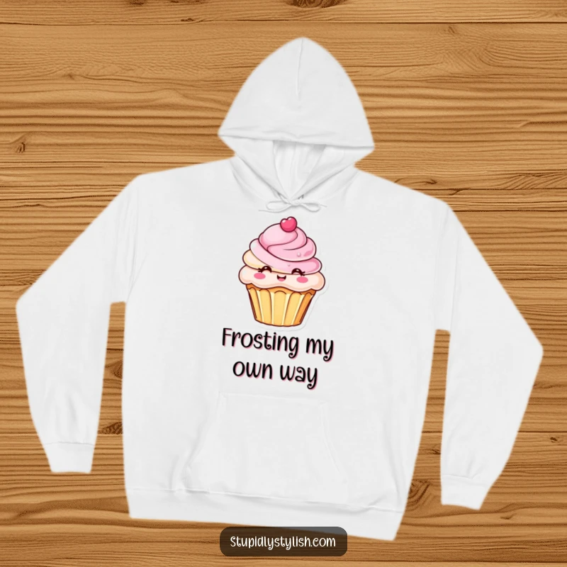 Funny hoodie featuring a chic cupcake with an elaborate frosting design, offering cozy comfort with a sweet and humorous touch.