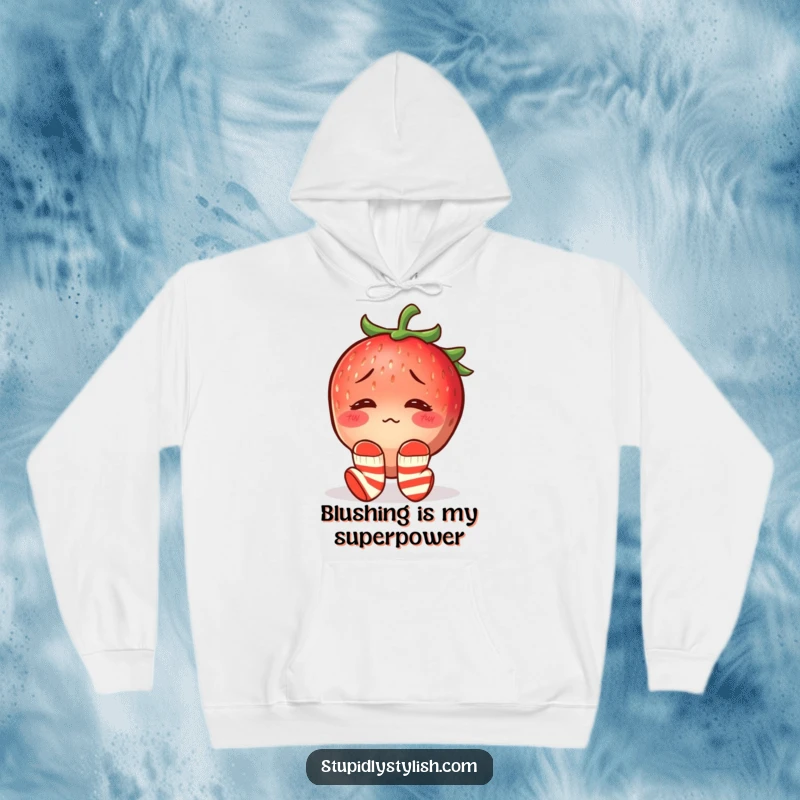 Funny hoodie featuring a blushing, confused strawberry wearing mismatched socks, perfect for cozy, humorous, and uniquely stylish wear.