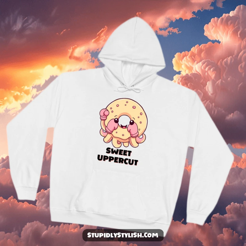 Funny hoodie featuring a cheerful donut equipped with boxing gloves on its tentacles, exuding playful energy.
