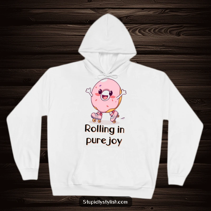 Funny hoodie with a joyful donut character wearing roller skates and spinning enthusiastically. Cozy and sweet.
