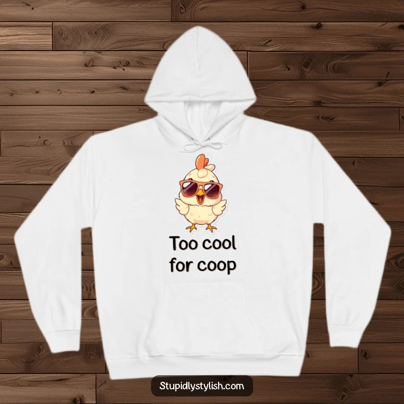 Funny Hoodie depicting a surprised chicken behind oversized sunglasses, offering a cozy fit and a visually humorous, attention-grabbing design.