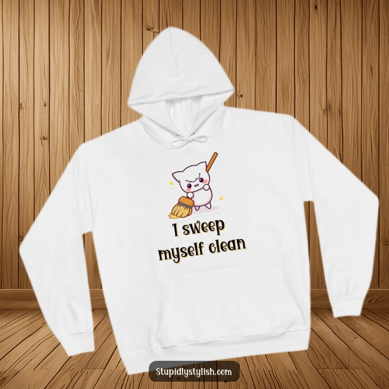Funny hoodie featuring a whimsical broom diligently sweeping itself away, symbolizing effortless cleaning and playful self-reliance.