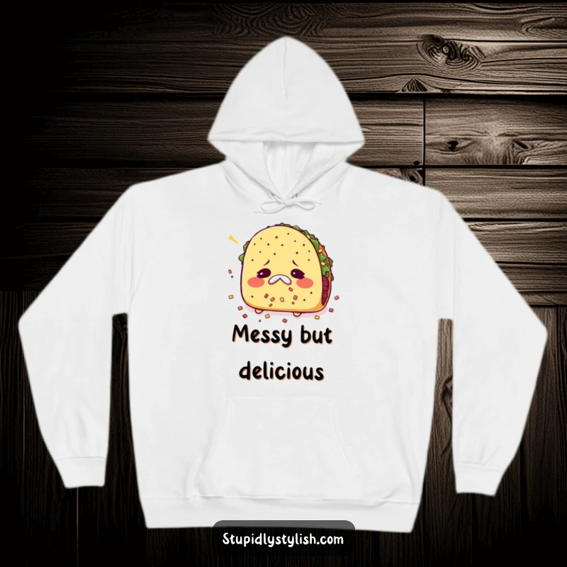 Funny hoodie showing a taco sneezing with ingredients flying, offering warmth and a humorous touch for everyday wear.