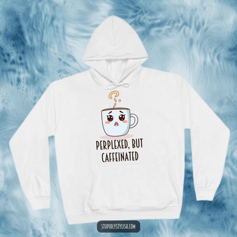 Funny hoodie with a surprised coffee mug design, steam forming a question mark. Cozy and humorous apparel.