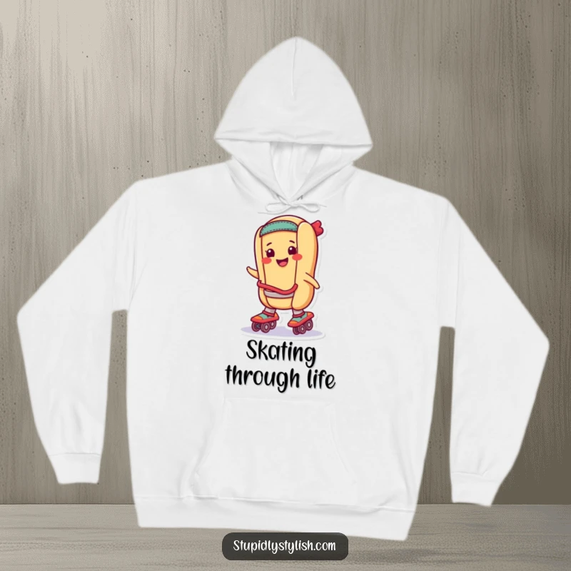 Funny Hoodie: A smiling hot dog wearing roller skates, gliding with joy, perfect for cozy fun.
