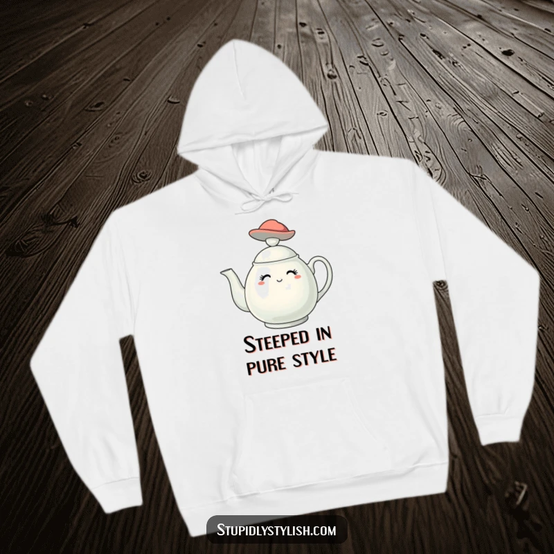 Funny hoodie featuring a fashionable teapot character wearing a miniature hat, offering cozy comfort with a touch of comical elegance.