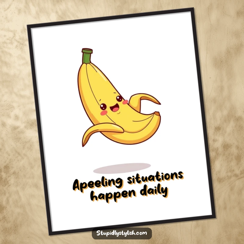 Funny Free Printable Wall Art of a banana dramatically slipping on its peel, capturing a moment of hilarious chaos.