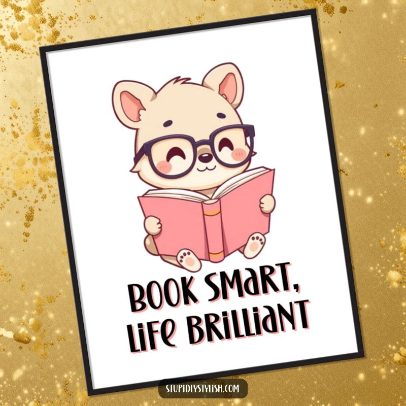 Funny Free Printable Wall Art: Cute animal character with tiny glasses, sitting and peacefully reading an incredibly large, ancient-looking book.