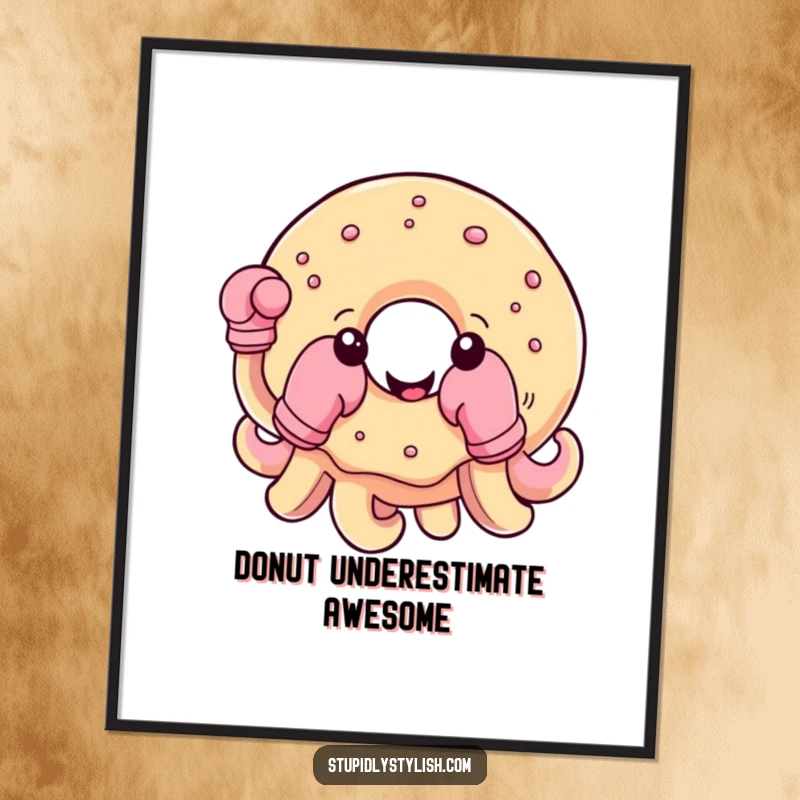 Funny Free Printable Wall Art: A round, smiling donut wearing boxing gloves on its small tentacles.