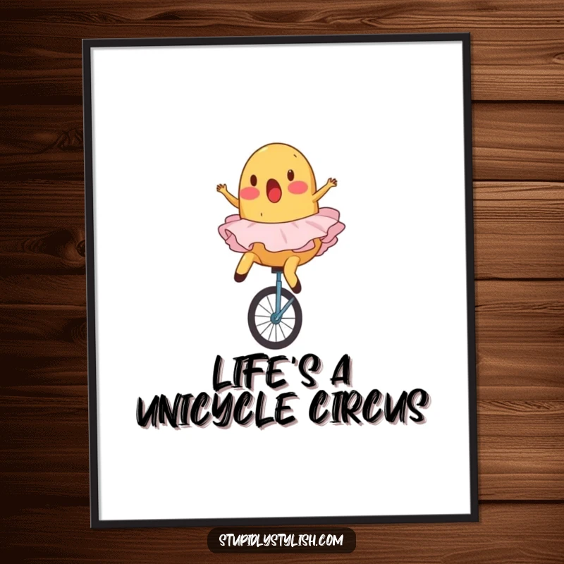 Funny Free Printable Wall Art: A surprised potato wearing a delicate ballet tutu, comically falling off a unicycle during a performance.
