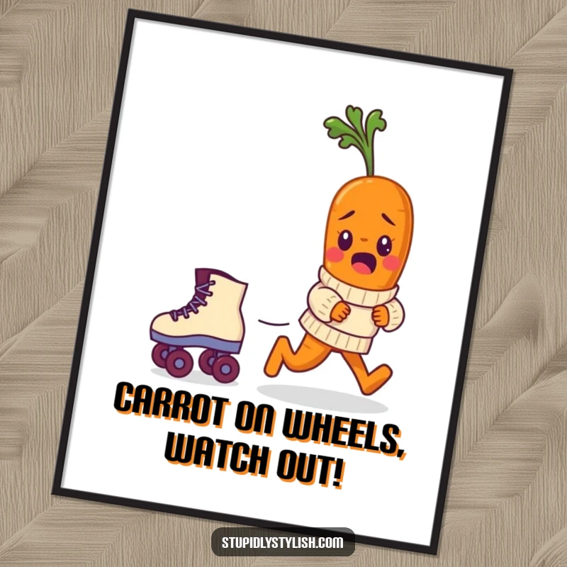 Funny free printable wall art: A bewildered baby carrot in a cute sweater hilariously chases a runaway roller skate, adding playful charm.