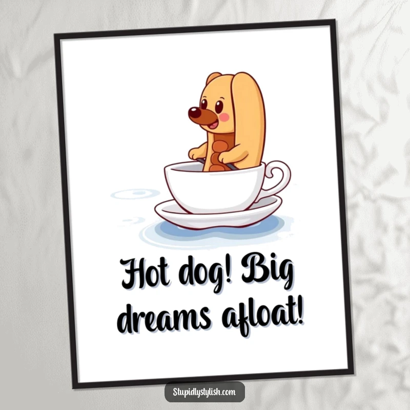 Funny Free Printable Wall Art showing a determined hot dog paddling a tiny teacup across a vast, imposing ocean.