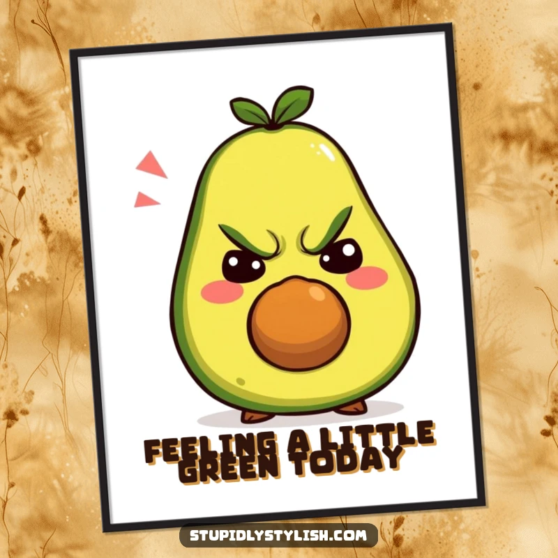 Funny Free Printable Wall Art showcasing a grumpy avocado character in an amusing collection of its signature silly faces.