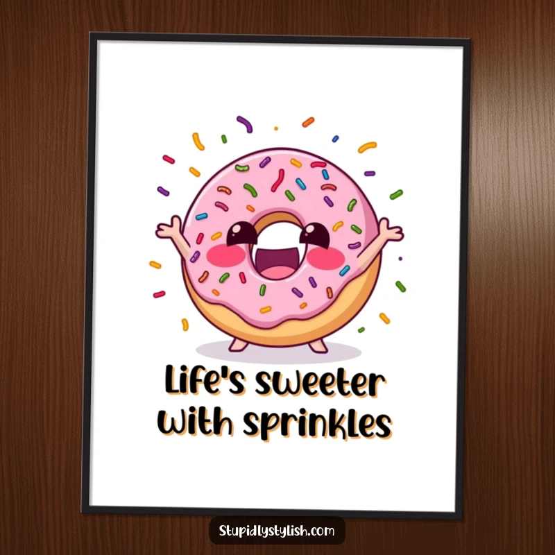 Funny Free Printable Wall Art of an excited donut juggling colorful sprinkles, bringing a playful and sweet vibe.