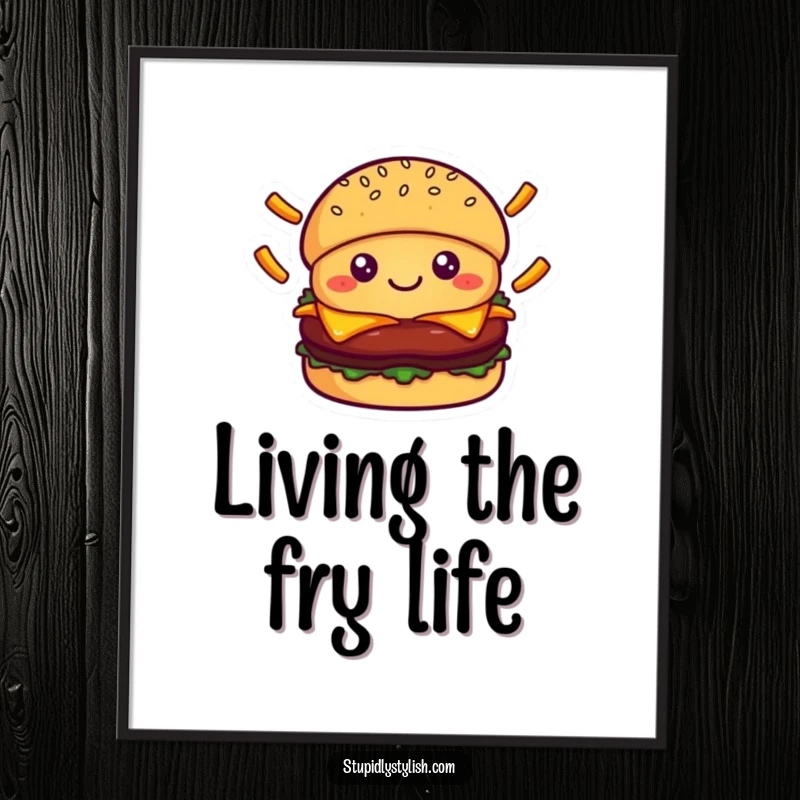 Funny Free Printable Wall Art: A smiling kawaii burger character in mid-air, skillfully juggling a shower of falling french fries.