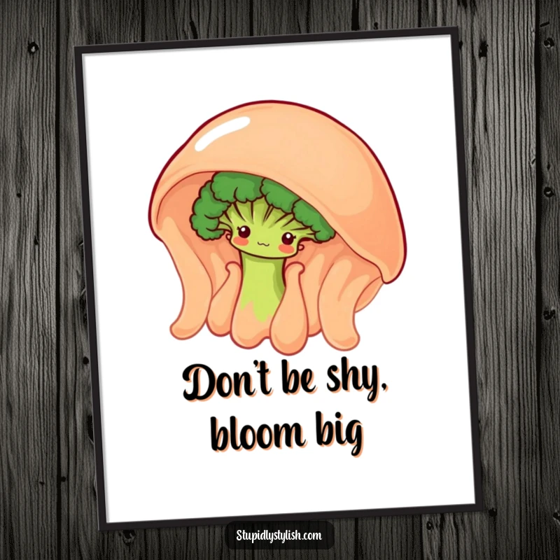 Funny Free Printable Wall Art: a shy broccoli floret peeking from behind a giant wobbly jelly, creating a scene of delightful absurdity.