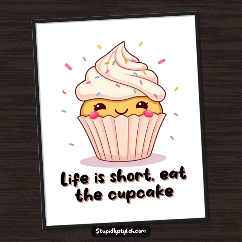 Funny Free Printable Wall Art depicting a lively cupcake in mid-air, scattering colorful sprinkles with abandon.