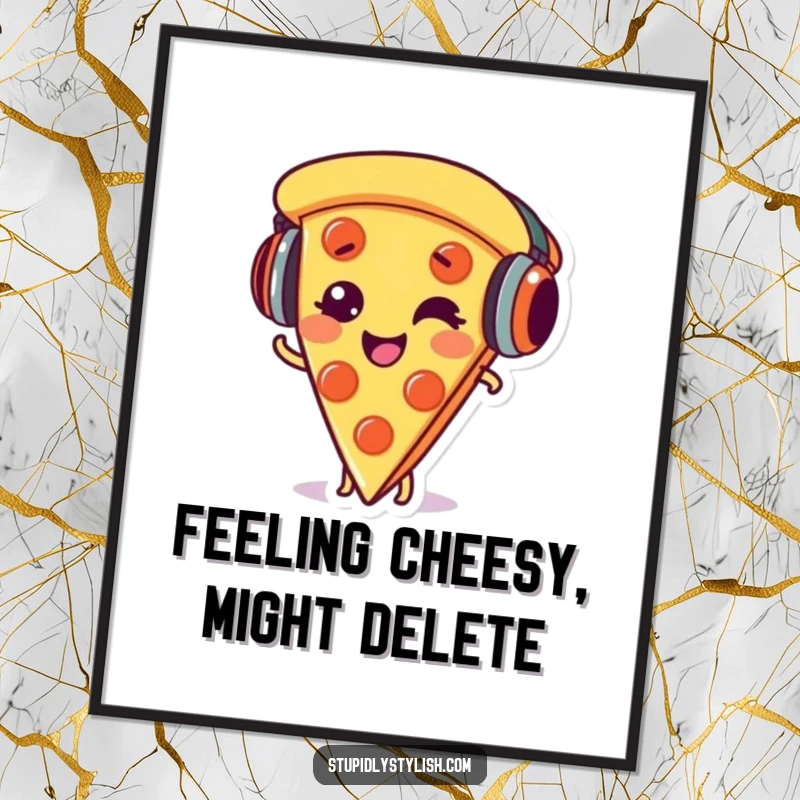 Funny Free Printable Wall Art: A giggling pizza slice character wearing headphones, adding a fun, musical, and quirky vibe to any wall.