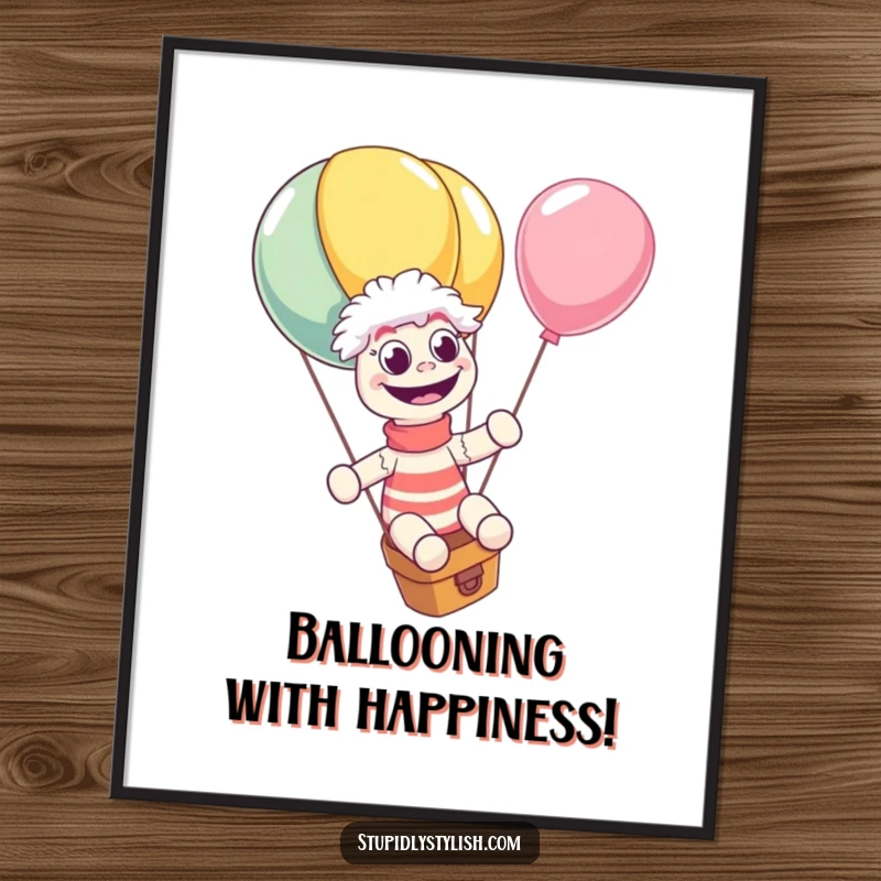 Funny Free Printable Wall Art: Giggling sock puppet gleefully rides a giant runaway balloon, eyes wide with amusement.