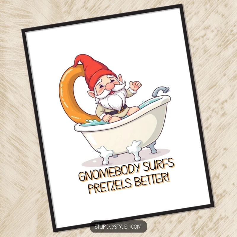 Funny Free Printable Wall Art: Confused garden gnome attempts to surf a giant pretzel in a bathtub, a truly bizarre sight.