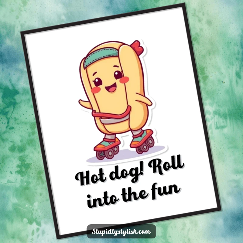 Funny Free Printable Wall Art: A smiling hot dog character wearing roller skates, cruising with personality.