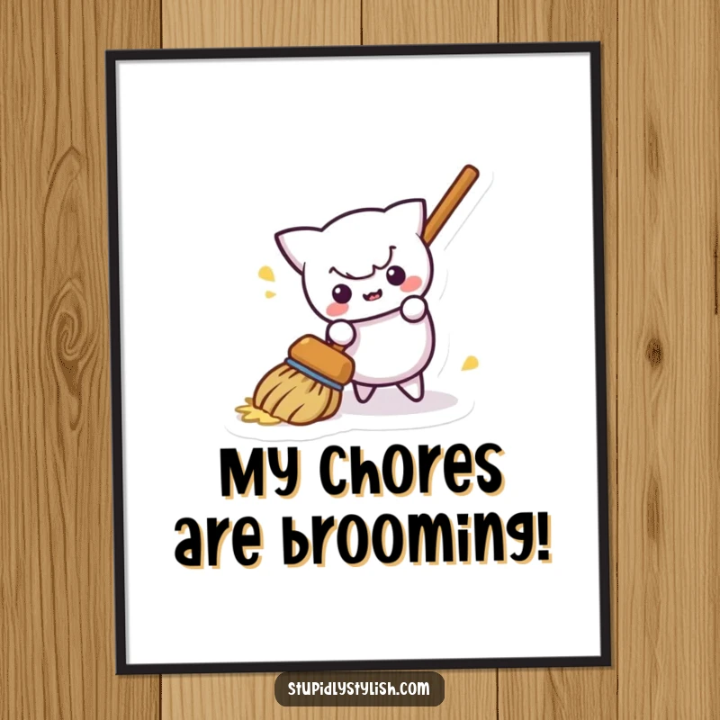 Funny Free Printable Wall Art: A mischievous cartoon broom humorously sweeping itself away, adding a quirky and funny touch to home decor.