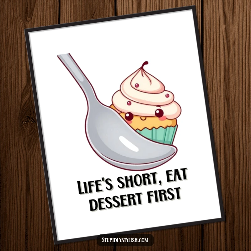 Funny Free Printable Wall Art displaying a timid cupcake hiding behind a massive spoon, creating a charming and humorous visual.