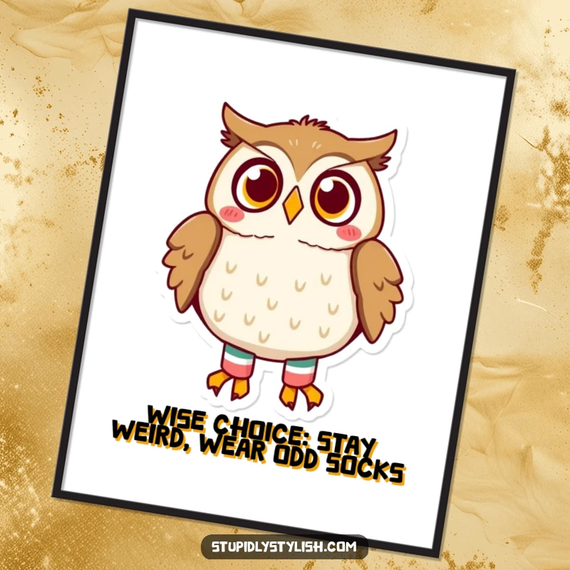 Funny Free Printable Wall Art featuring a comically surprised owl wearing two different, colorful socks, adding a playful vibe to any room.