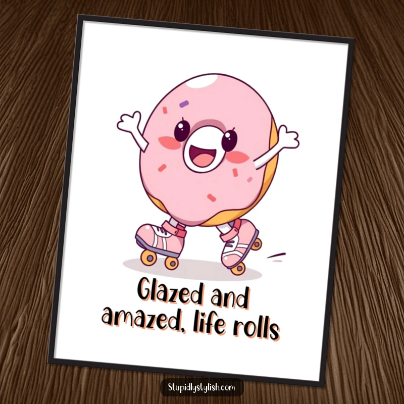 Funny Free Printable Wall Art: A happy donut character in roller skates, spinning joyfully, adding playful decor.
