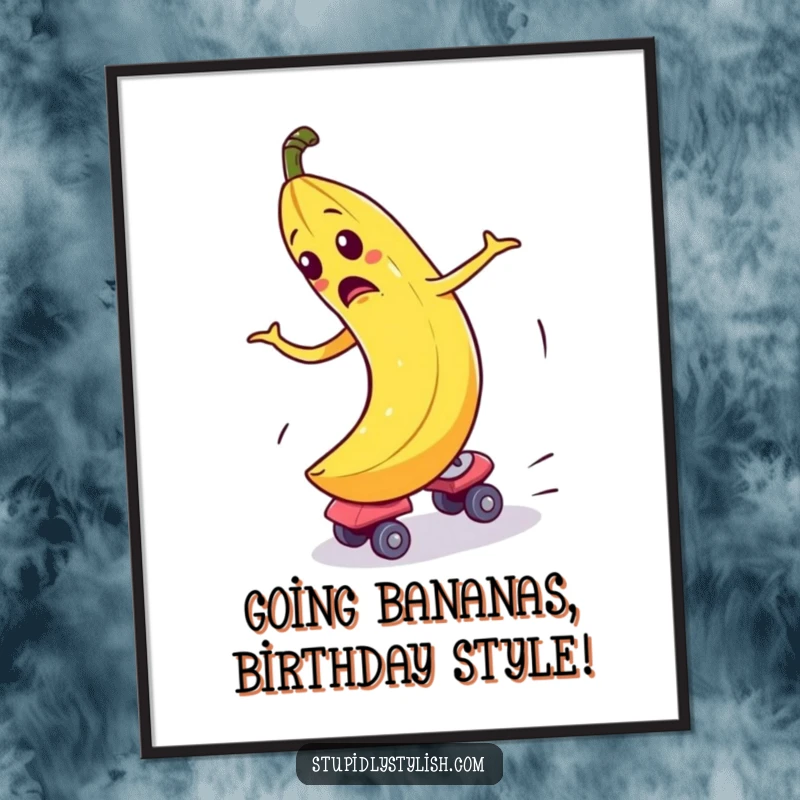Funny Free Printable Wall Art showing a bewildered banana comically losing its balance while on roller skates.