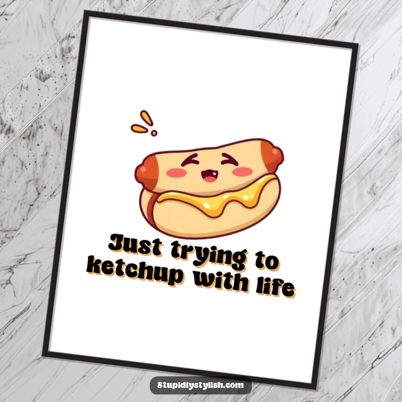 Funny Free Printable Wall Art: A hot dog in a bun looks utterly confused, sitting in its bun.