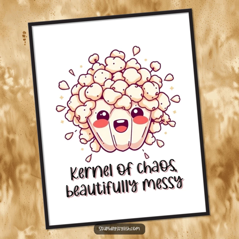 Funny Free Printable Wall Art: An overwhelmed popcorn kernel is dramatically bursting outwards with energetic flair.