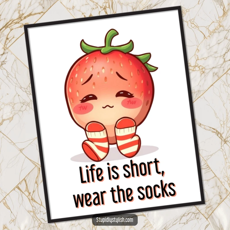 Funny Free Printable Wall Art: A blushing strawberry in mismatched socks, looking charmingly confused, adding quirky vibes to any room.