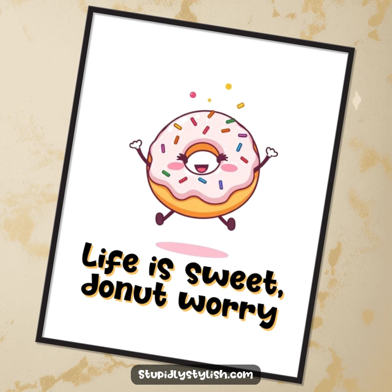 Funny Free Printable Wall Art: An ecstatic donut with colorful sprinkles jumping energetically, bringing a dose of pure fun.