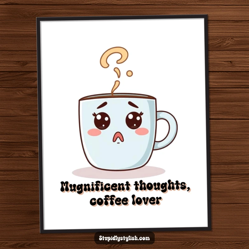 Funny Free Printable Wall Art: A surprised coffee mug character with steam rising and forming a question mark, adding humorous decor.