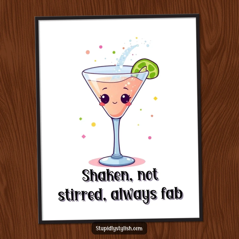 Funny Free Printable Wall Art depicting a cocktail glass character in mid-dance, showering the area with abundant, sparkling glitter.