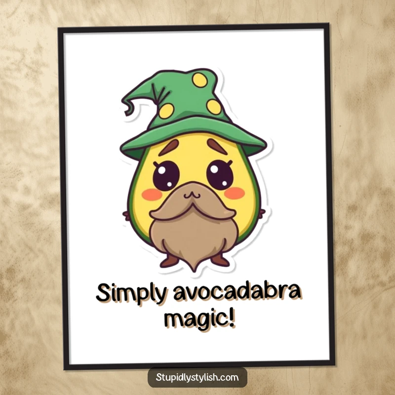 Funny Free Printable Wall Art: A startled avocado character wearing a tiny wizard hat and beard, looking surprised and humorous.