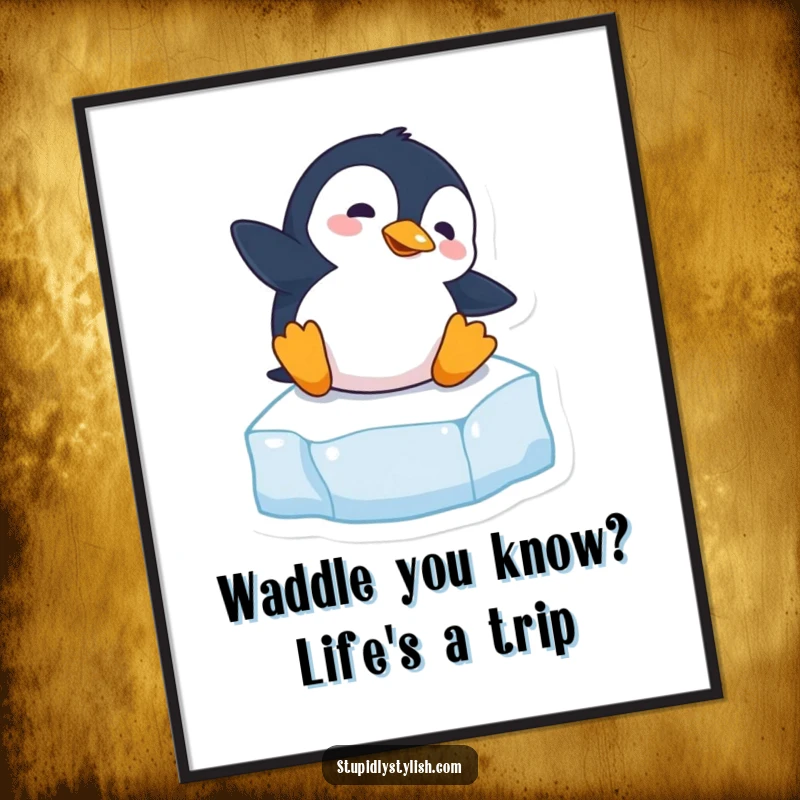 Funny Free Printable Wall Art: Clumsy penguin comically slipping on an ice cube, a hilarious piece of downloadable decor.