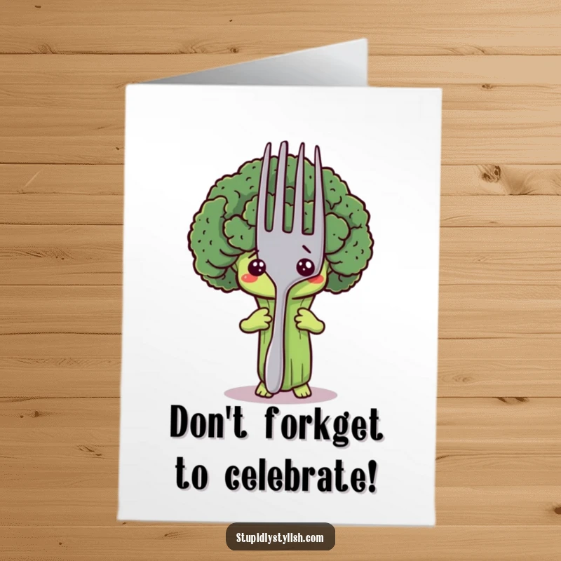 Funny Free Printable Birthday Card: Scared broccoli character peeking nervously from behind a comically large fork, wishing happy birthday.