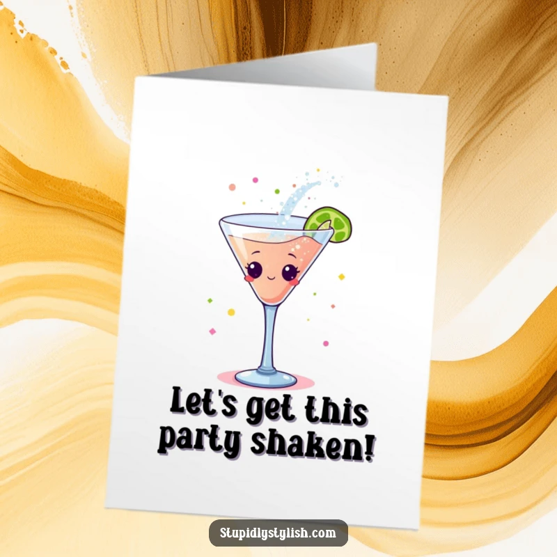 Funny Free Printable Birthday Card featuring a lively cocktail glass character joyfully dancing and spilling a cascade of sparkling glitter.