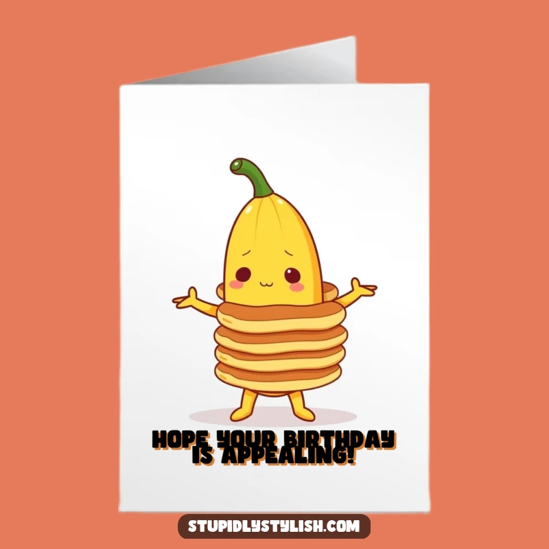 Free Printable Birthday Card: Balancing Banana Pancakes Funny Downloadable Gift