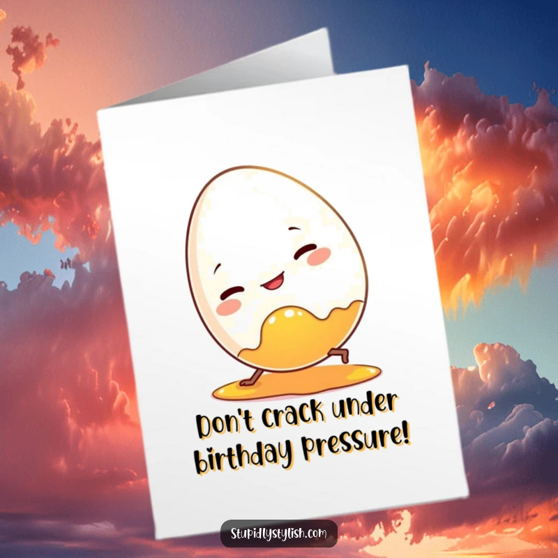 Funny Free Printable Birthday Card: A clumsy egg character hilariously trips over its own yolk, perfect for birthday laughs.