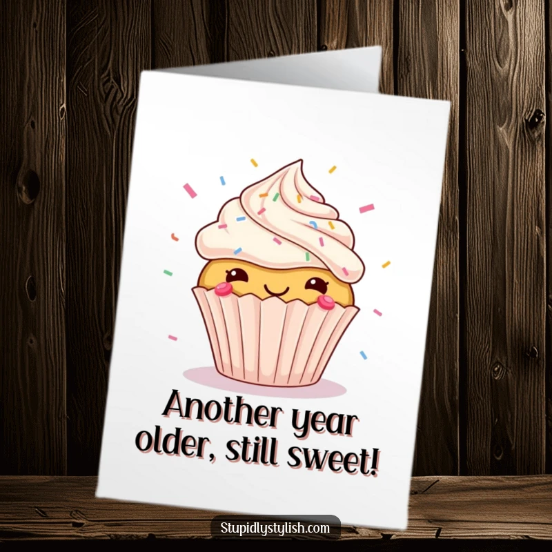 Funny Free Printable Birthday Card featuring a mischievous cupcake with sprinkles joyfully flying everywhere, ready for a celebration.