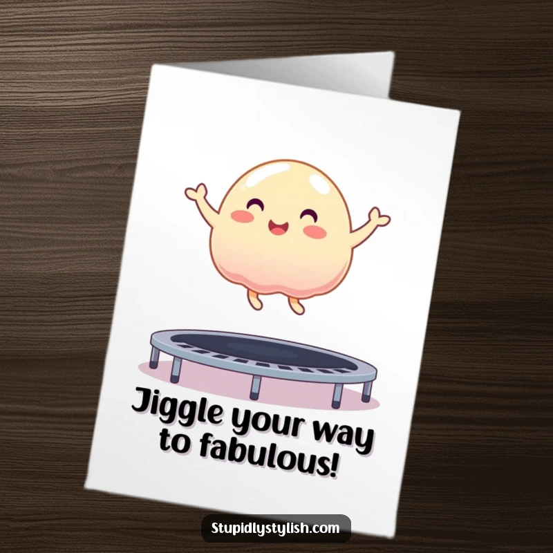 Funny Free Printable Birthday Card: Wobbly jelly blob joyfully bouncing high on a trampoline, spreading birthday cheer.