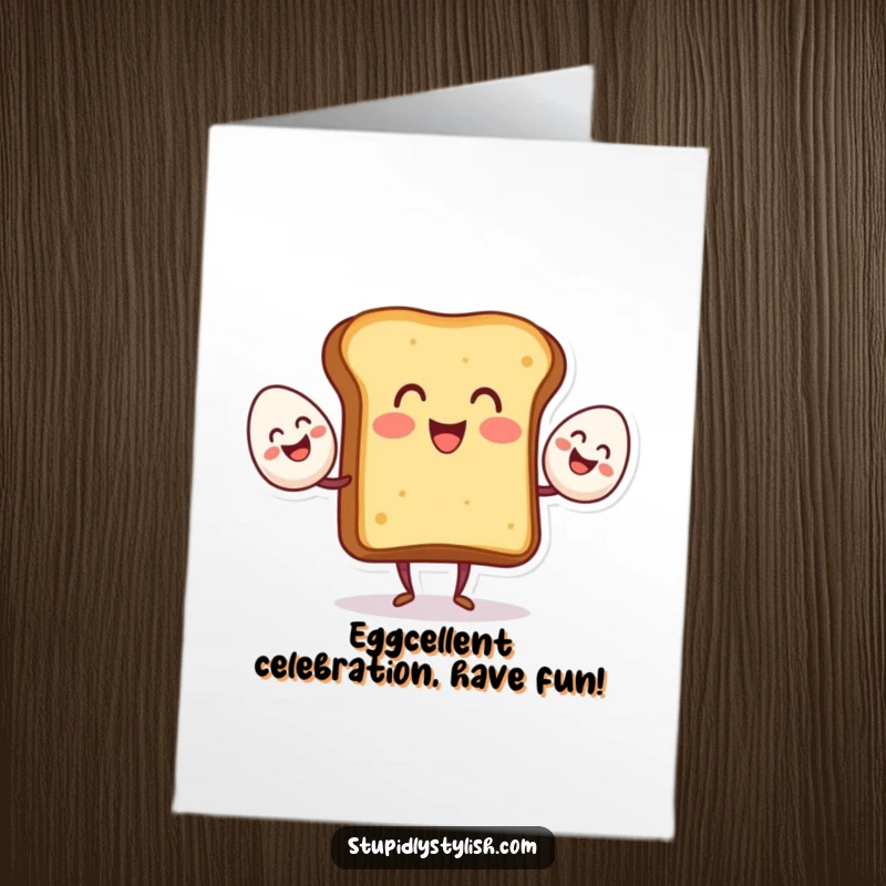 Funny Free Printable Birthday Card: Cheerful toast character joyfully juggling three smiling eggs, ready to celebrate.