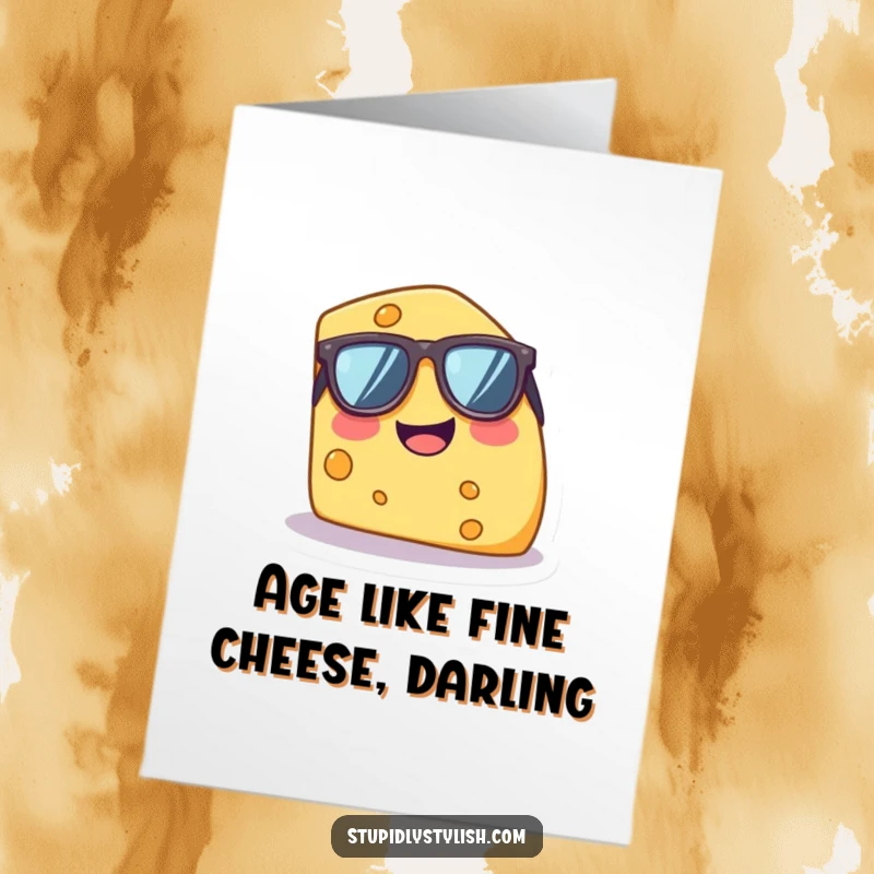 Funny Free Printable Birthday Card featuring a tiny, giggling cheese wedge in oversized sunglasses, ready to party.