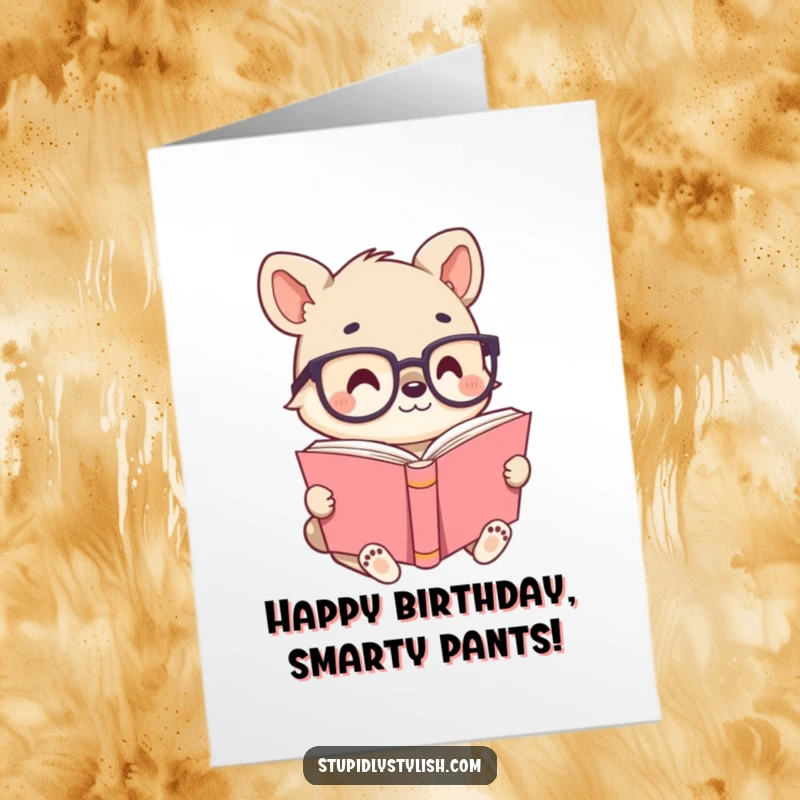 Funny Free Printable Birthday Card: Cute animal character with tiny glasses perched on its nose, engrossed in a massive, open book.