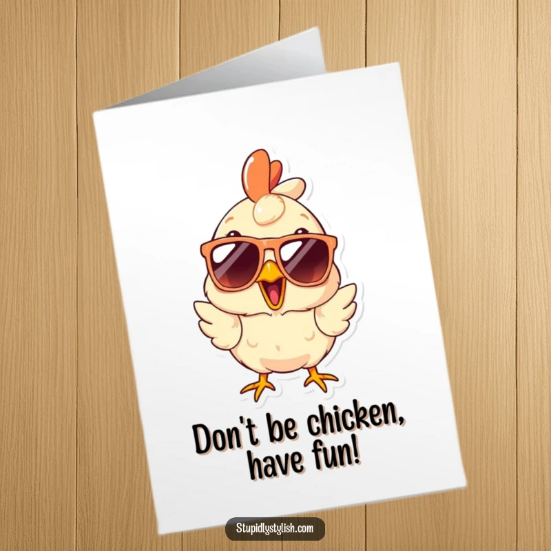 Funny Free Printable Birthday Card depicting a shocked chicken sporting ridiculously oversized sunglasses, radiating cool surprise.